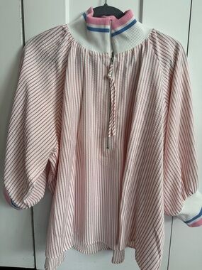 She + Sky Pink Striped Half-Zip Pullover Tunic with Contrast Rib Collar